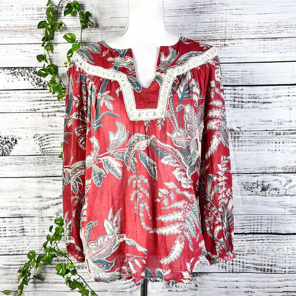 Ann Taylor Loft Blouse Tunic size Extra Small Red Blue Floral Paisley Lace Boho - Picture 1 of 15